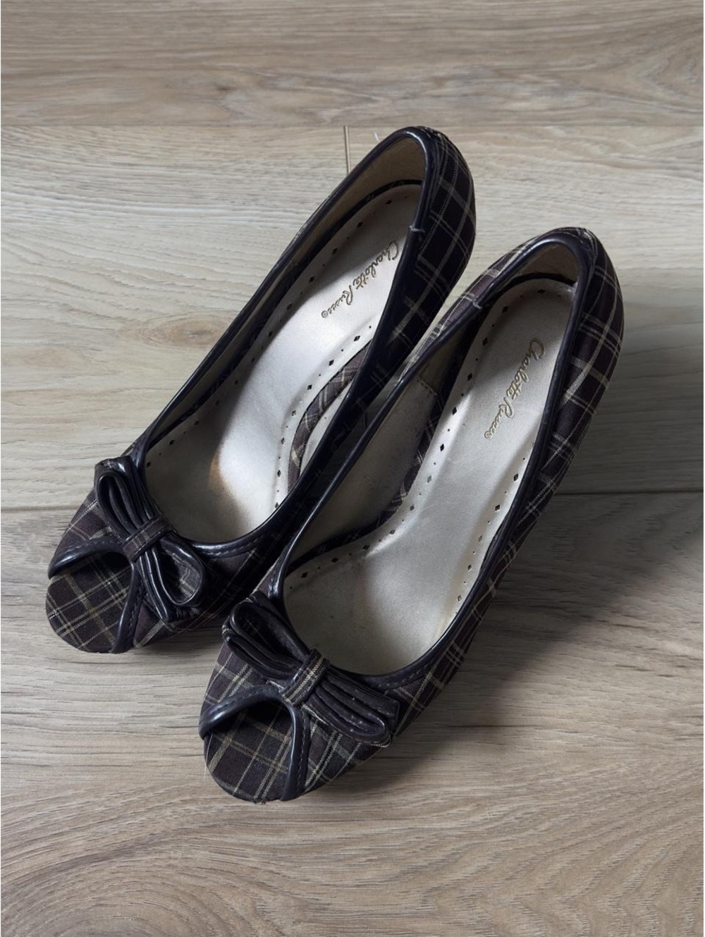 Brown Plaid Peep Toe Heels - Picture 2 of 4